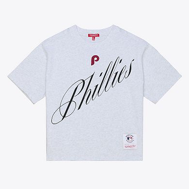Women's Mitchell & Ness Heather Gray Philadelphia Phillies Script Cropped Boxy T-Shirt