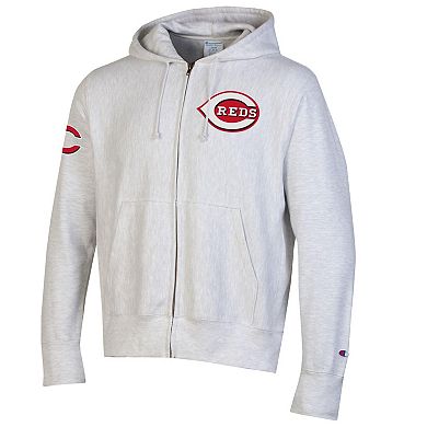 Men's Champion Gray Cincinnati Reds Reverse Weave Chenille Full-Zip Hoodie