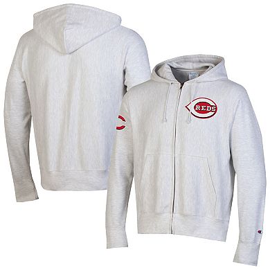 Men's Champion Gray Cincinnati Reds Reverse Weave Chenille Full-Zip Hoodie