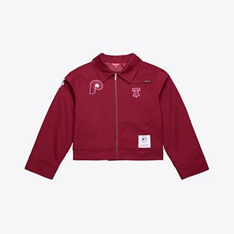 Women's Mitchell & Ness Burgundy Philadelphia Phillies Script Mechanic Cropped Full-Zip Jacket