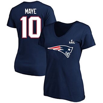 Women's Fanatics Drake Maye Navy New England Patriots Super Bowl LX Patch Plus Size Name & Number V-Neck T-Shirt