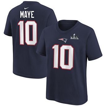 Youth Nike Drake Maye Navy New England Patriots Super Bowl LX Patch Name & Number T-Shirt