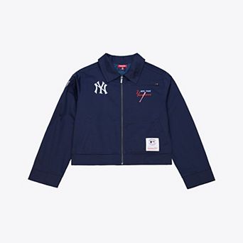 Women's Mitchell & Ness Navy New York Yankees Script Mechanic Cropped Full-Zip Jacket