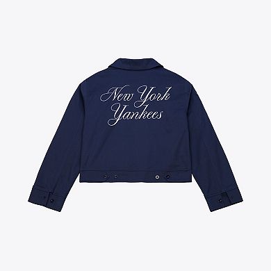 Women's Mitchell & Ness Navy New York Yankees Script Mechanic Cropped Full-Zip Jacket