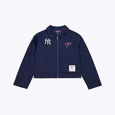 Women's Mitchell & Ness Navy New York Yankees Script Mechanic Cropped Full-Zip Jacket