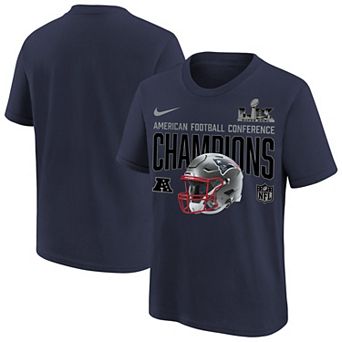 Youth Nike Navy New England Patriots 2025 AFC Champions Glory Shield Helmet T-Shirt