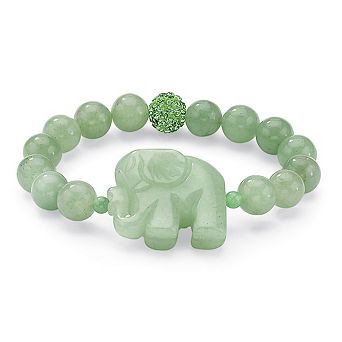 PalmBeach Jewelry Green Agate Elephant and Simulated Emerald Beaded Stretch Bracelet 8"