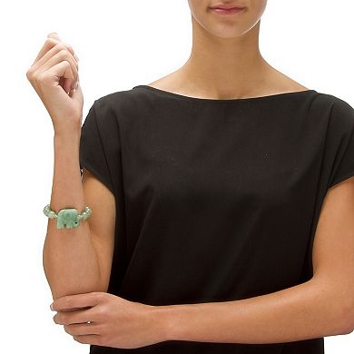 PalmBeach Jewelry Green Agate Elephant and Simulated Emerald Beaded Stretch Bracelet 8"
