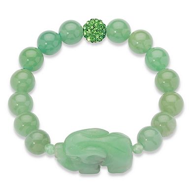 PalmBeach Jewelry Green Agate Elephant and Simulated Emerald Beaded Stretch Bracelet 8"
