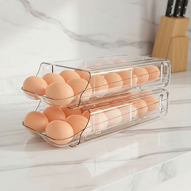 Automatic Rolling Egg Container for Refrigerator Clear Plastic Stackable 2 Pack