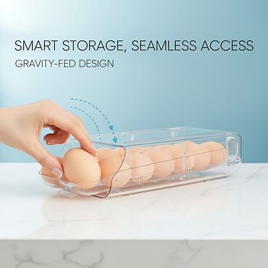 Automatic Rolling Egg Container for Refrigerator Clear Plastic Stackable 2 Pack