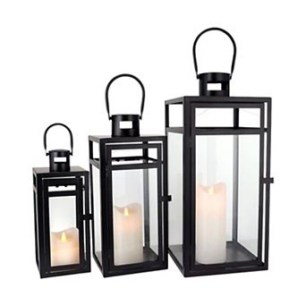 HomeRoots Set of Three Clear And Black Glass And Stainless Steel Tabletop Lantern Candle Holders