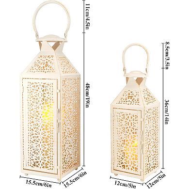 HomeRoots Set of Two White Filigree Metal Tabletop Lantern Candle Holders