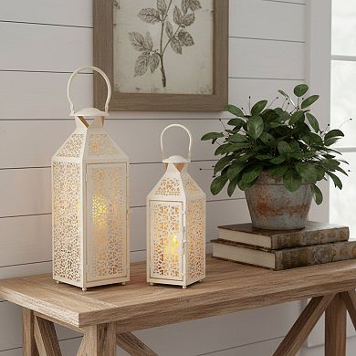 HomeRoots Set of Two White Filigree Metal Tabletop Lantern Candle Holders