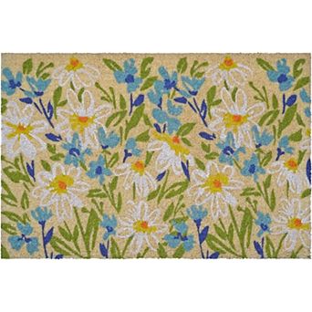 HomeRoots 18" X 30" Brown Light Blue And Green Floral Outdoor Coir Door Mat