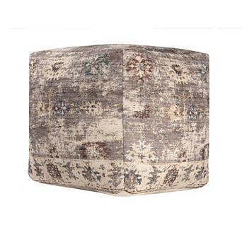 HomeRoots 18" Ivory and Taupe Upholstered Medallion Pouf Ottoman