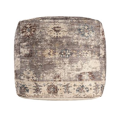 HomeRoots 18" Ivory and Taupe Upholstered Medallion Pouf Ottoman