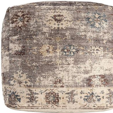 HomeRoots 18" Ivory and Taupe Upholstered Medallion Pouf Ottoman