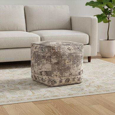 HomeRoots 18" Ivory and Taupe Upholstered Medallion Pouf Ottoman