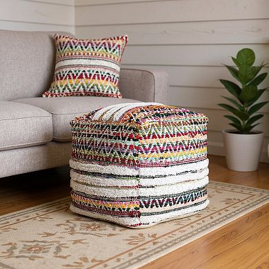 HomeRoots 18" Natural And Rainbow Cotton Blend Chevron Pouf Ottoman