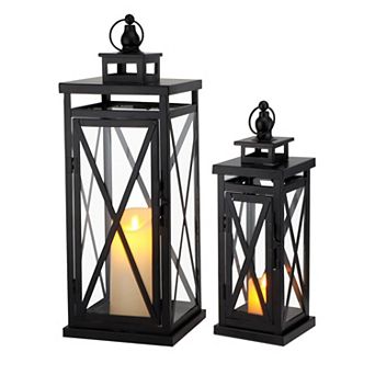 HomeRoots Set of Two Clear And Black Glass And Metal Tabletop Lantern Candle Holders