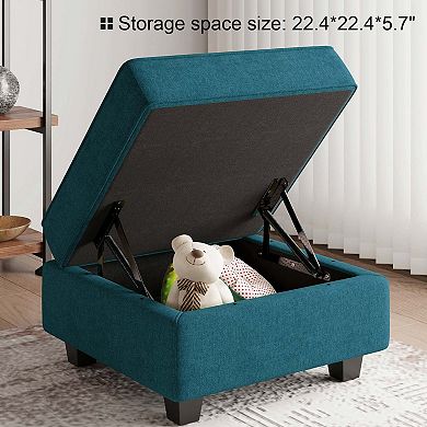 HomeRoots 26" Teal Blue and Black Solid Wood and Microfiber Storage Ottoman