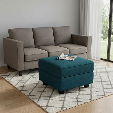 HomeRoots 26" Teal Blue and Black Solid Wood and Microfiber Storage Ottoman