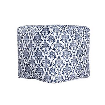 HomeRoots 18" Blue and White Upholstered Floral Pouf Ottoman