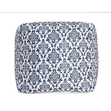 HomeRoots 18" Blue and White Upholstered Floral Pouf Ottoman