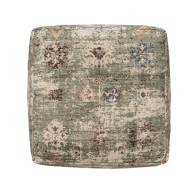 HomeRoots 18" Ivory and Sage Upholstered Medallion Pouf Ottoman