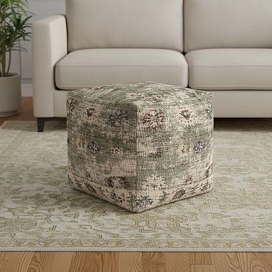 HomeRoots 18" Ivory and Sage Upholstered Medallion Pouf Ottoman