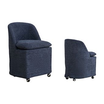 HomeRoots Set of Two Blue Chenille Wing Back Dining Chairs With Wheels