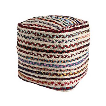 HomeRoots 18" Natural and Rainbow Braided Jute Blend Striped Pouf Ottoman