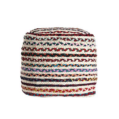 HomeRoots 18" Natural and Rainbow Braided Jute Blend Striped Pouf Ottoman