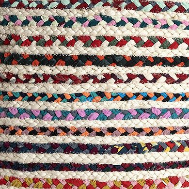 HomeRoots 18" Natural and Rainbow Braided Jute Blend Striped Pouf Ottoman