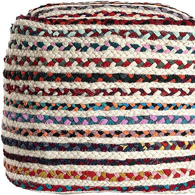 HomeRoots 18" Natural and Rainbow Braided Jute Blend Striped Pouf Ottoman