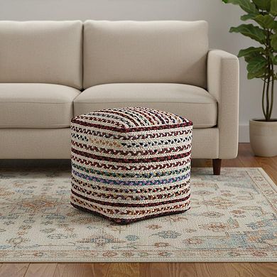 HomeRoots 18" Natural and Rainbow Braided Jute Blend Striped Pouf Ottoman