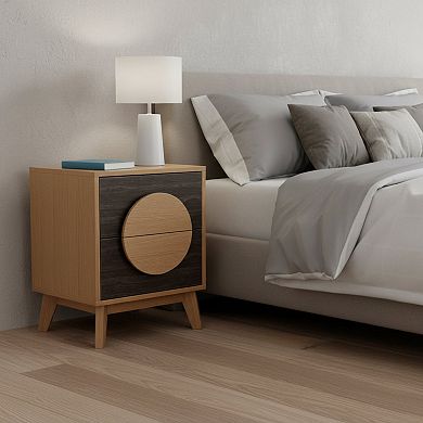 HomeRoots Set of Two 21" Oak And Dark Brown Solid Wood Square Two Drawer Nightstands