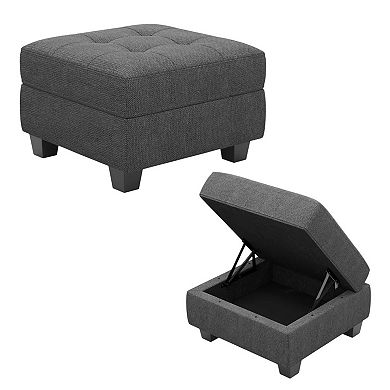 HomeRoots 26" Gray and Black Solid Wood and Linen Tufted Storage Ottoman