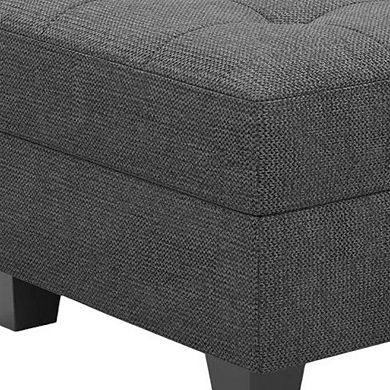 HomeRoots 26" Gray and Black Solid Wood and Linen Tufted Storage Ottoman