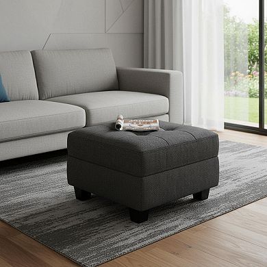 HomeRoots 26" Gray and Black Solid Wood and Linen Tufted Storage Ottoman