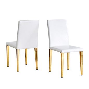 HomeRoots Set of Two White and Gold Faux Leather and Metal Dining Side Chairs