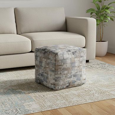 HomeRoots 18" Blue Cotton Abstract Pouf Ottoman