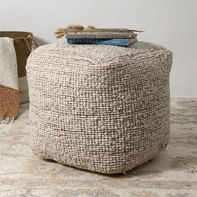 HomeRoots 18" Ivory Cotton Wool And Jute Striped Pouf Ottoman