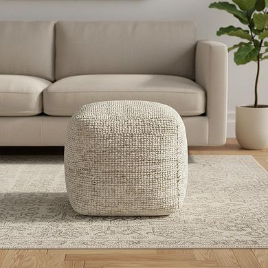 HomeRoots 18" Ivory Cotton Wool And Jute Striped Pouf Ottoman