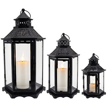HomeRoots Set of Three Clear And Black Glass And Metal Floor Lantern Candle Holders