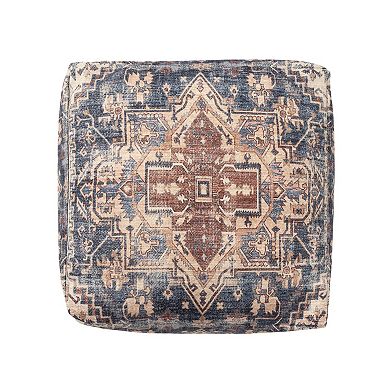 HomeRoots 18" Navy Blue and Terra Cotta Upholstered Medallion Pouf Ottoman