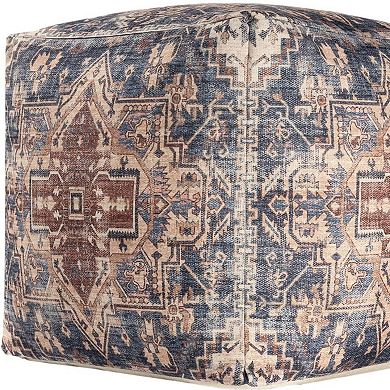 HomeRoots 18" Navy Blue and Terra Cotta Upholstered Medallion Pouf Ottoman