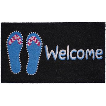 HomeRoots 17" X 29" Black And Blue Flip Flop Welcome Outdoor Coir Door Mat