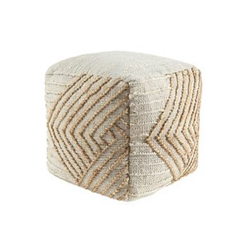 HomeRoots 18" Natural and Off White Cotton Jute And Wool Geometric Cube Pouf Ottoman